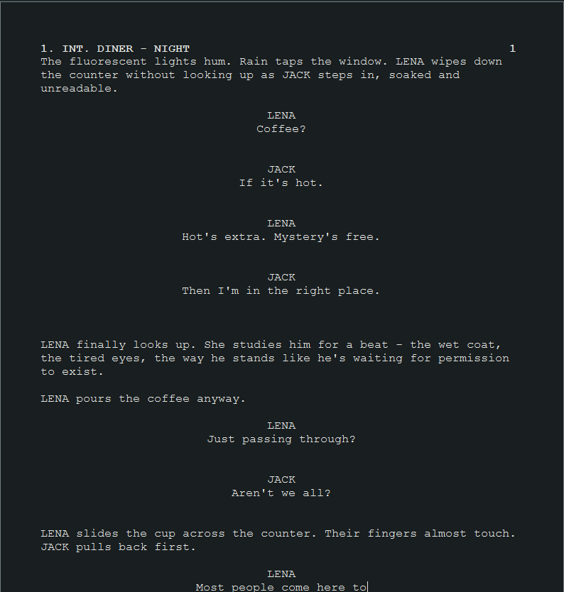 A real screenplay detail showing an INT. DINER — NIGHT heading, action and dialogue between Lena and Jack.